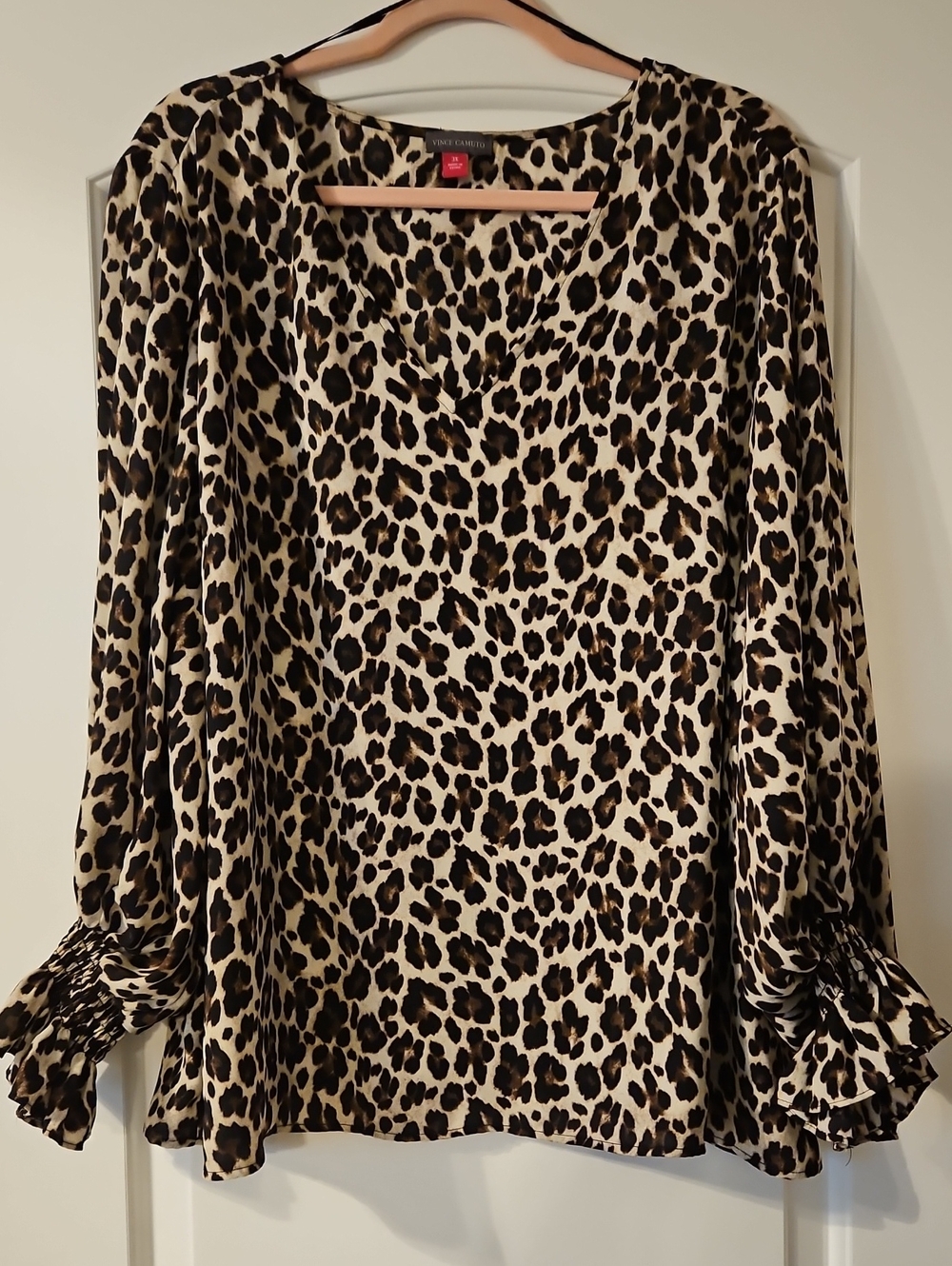 Leopard Print Long-Sleeve V-Neck Tunic - Beige/Brown